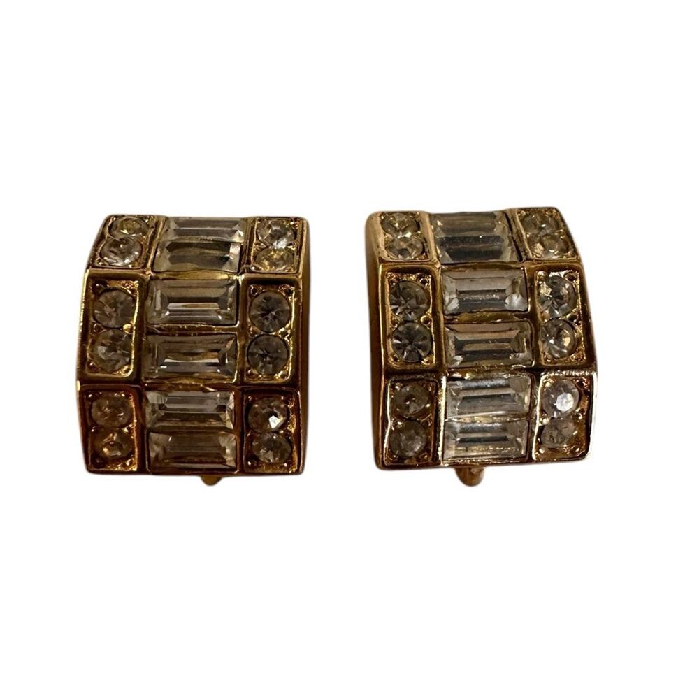 Vintage Christian Dior Clip On Earrings Gold Tone Rhinestones Baguette